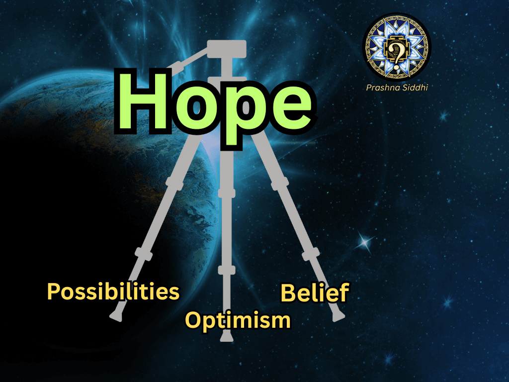Hope tripod diagram showing optimism, belief and possibilities