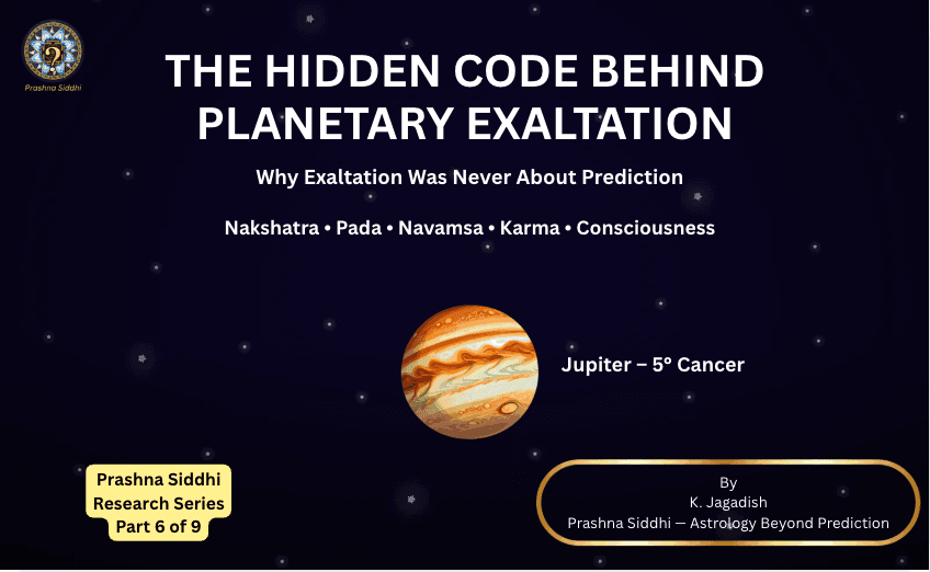 Jupiter exalted at 5 degrees Cancer in Pushya Nakshatra and Leo Navamsa representing the Karmic Reactor, purification of mind and soul consciousness